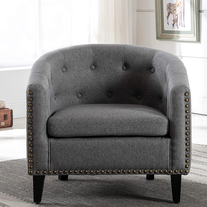 Generic Linen Fabric Tufted Barrel ChairTub Chair for Living Room Bedroom Club Chairs Grey