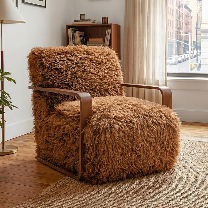 Furniture of America Ramos Modern Lounge Chair with Ultra Soft Faux Fur Long-Haired Accent Sofa Tight Seat and Back Single Couch Fluffy Living Room Seating No Assembly Needed Camel Brown