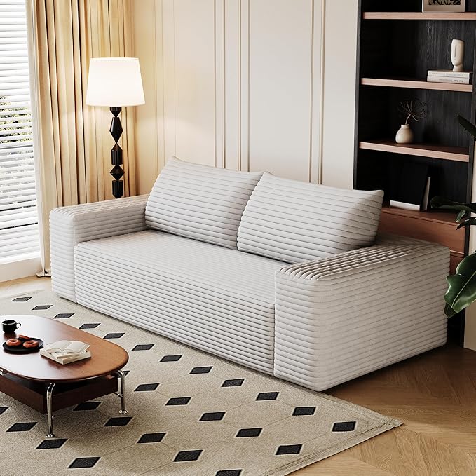 KEIKI 63 Corduroy Loveseat Sofa Comfy Deep Seat 2-Seater Couch with Adjustable Arms Modern Upholstered Love Seat with Pillows for Small Spaces White