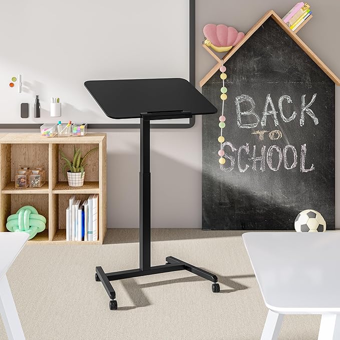 Seville Classics Airlift Height Adjustable Pneumatic Laptop Sit Stand Desk Mobile Rolling Cart Computer Workstation for Home Office Classroom Black 25.6 Tilting Desktop