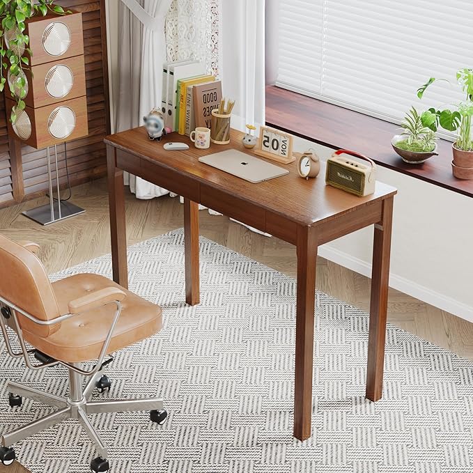 Solid Wood Desk with Drawers - 39 Narrow Desks for Small Spaces Mid Century Modern Desks Small Wooden Vintage Computer Writing Desk Study Table for Home Office Bedroom Walnut