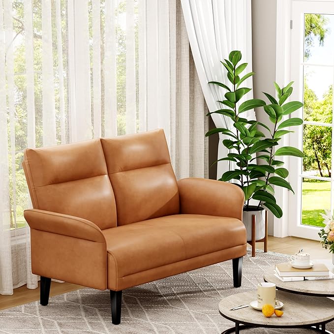 Yongchuang Small Couch 46 Brown Faux Leather Loveseat Sofa for Living Room Bedroom Love Seat Mini Couch with Arm Rest