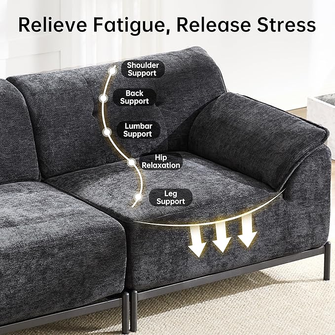 VKNOW 106 Couches for Living Room Modular Sectional Sofa with Wide Armrests and Solid Iron Frame Compressed Couch for Living RoomOfficeChenille FabricL-ShapedBlack