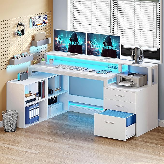 YITAHOME L Shaped Desk with 3 Drawers 65 Corner Computer Desk with Power Outlets &amp LED Lights L-Shaped Desk with File Cabinet &amp Printer Stand for Home Office White