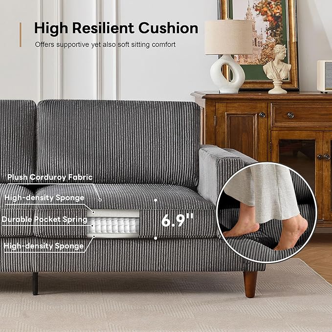 Tbfit 85 Corduroy Couch for Living Room 3 Seater Mid Century Modern Sofa with Spring Cusions &amp Extra Deep Seat for Bedroom Small Comfy Upholstered Couches Easy Assembly with Solid Wood Legs Gr