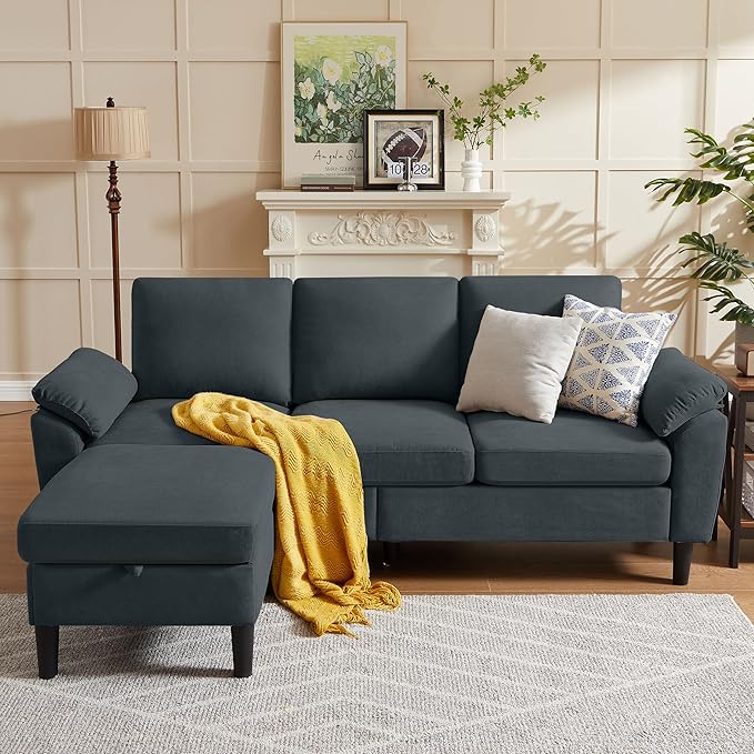 79 Convertible Sectional Sofa Small L Shaped 3-Seat Couch with Reversible Chaise Modern Linen Sofas Couches for Living Room Apartment and Small Space Dark Grey