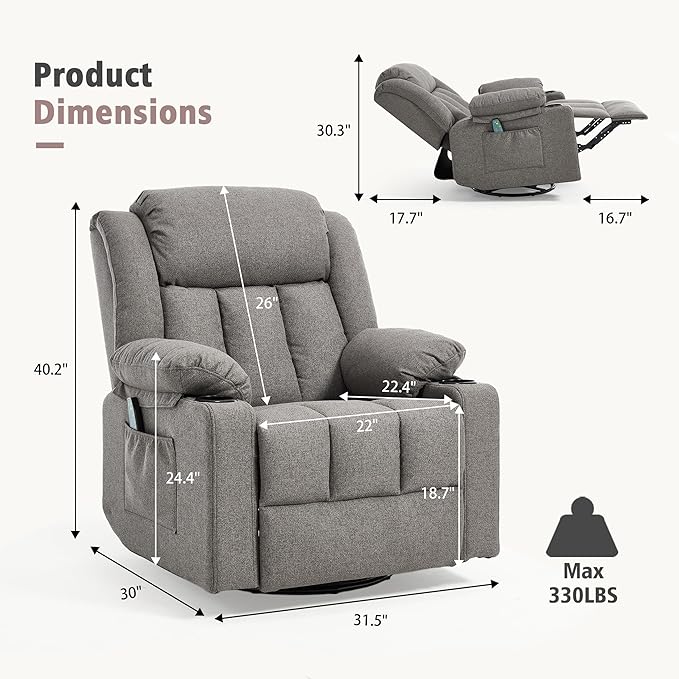 Rocker Swivel Recliner Chair for Adults Overstuffed Large Manual Recliner Glider with Massage and Heat Comfy Soft Fabric Living Room Reclining Sofa Chair (Smoked Gray)