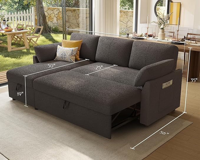 Jocisland Sofa Bed L Shaped Sleeper Sofa with Storage Chaise Pull Out Sofa for Living Room Guest Room Apartment Grey Boucle Couch