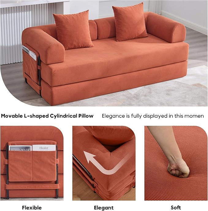 Convertible Sleeper Sofa Bed with Fixed-Shape Frame Floor Sofa Lounge Couch with Cylindrical Pillow Corduroy Folding Mattress Couch for Living Room Bedroom Burnt Orange
