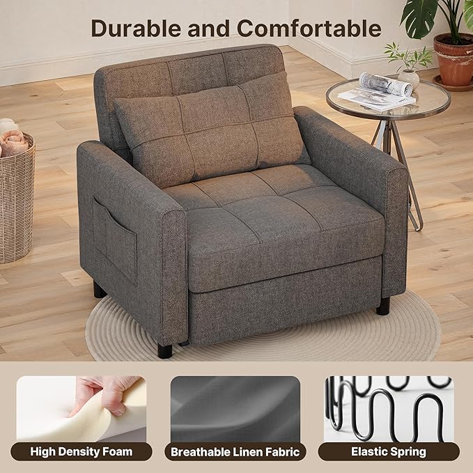 Gizoon Sofa Bed Chair 3 in 1 Convertible Pullout Single Sleeper Chair Bed with Adjustable Backrest Spacious Multifunctional Sofa Couches for Living Room Bedroom Apartment