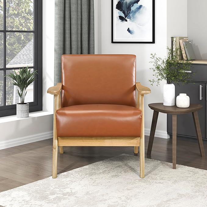Lexicon Mid Century Modern Accent Chair with Solid Wood Frame in Natural Finish Faux Leather Living Room Lounge Arm Chair Thick and Comfy Innerspring Seat Cushion Brown
