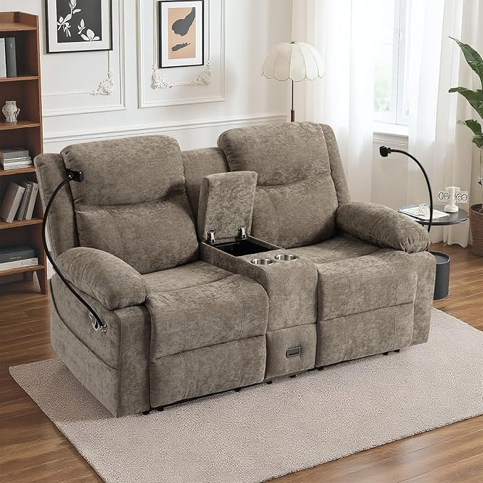 Loveseat Recliner Sofa Reclining Loveseat with Console RV Wall Hugger Double Loveseat Recliner Couch for Living Room &amp Home Theater (Chenille-Camel)