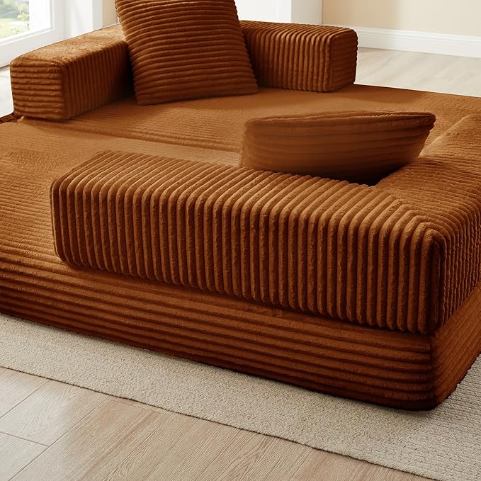 81'' Futon Sofa Bed Folding Floor Couch Bed Corduroy Fabric Boneless Couch Compressed Boneless Sofa in a Box Comfy Sleeper for Living Room-Orange