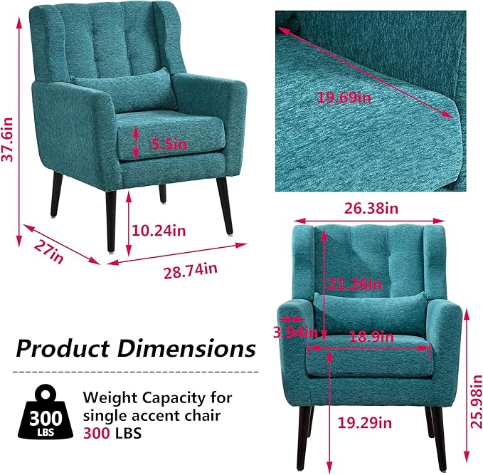 Modern Accent Chair Chenille Fabric Upholstered Tufted Side Wingback ChairMid Century Reading Chair Armchair with Waist Pillow Backrest for Living Room Bedroom (Teal)