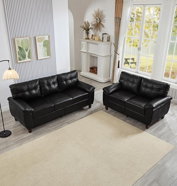 2+3 Seat Modular Sofa Set Faux Leather Sectional Couch with Deep Seats &amp Wide Armrests Mid-Century Tufted PU Upholstered Sofa Set for Living Room Apartment Office Vintage Storage Couch Black
