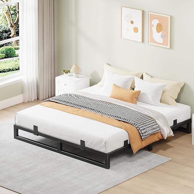 Full Size Bed Frame 6 Inch Metal Platform Bed Frames with Squeak Free U-Slot Design 6 Non-Slip Guards 3500lbs Heavy Duty Steel Slat Support No Box Spring Needed Under Bed Storage Black