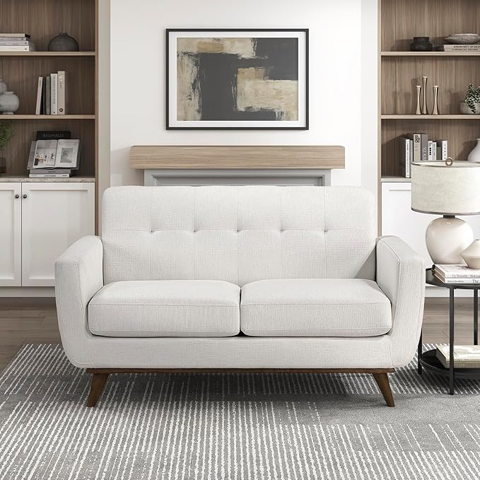 Lexicon Modern Accent Couch Textured Fabric Upholstered Loveseat with Brown Wood Legs Track Arms Tufted Couch Back 2 Seater Loveseat Sofa for Living Room/Office/Waiting Room Beige