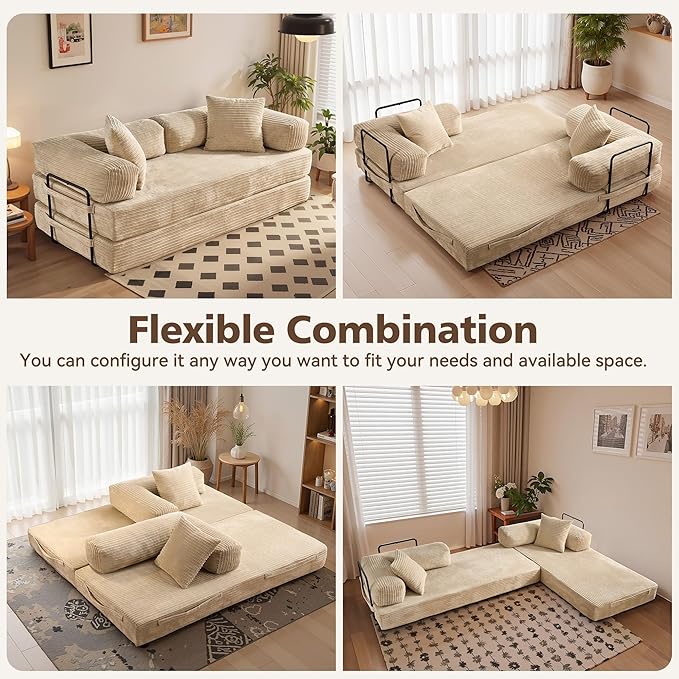4-in-1 Folding Sofa Bed 78 Oversized Corduroy Sleeper Chair Convertible Loveseat to Floor Bed with Storage Pockets Boneless Design for Living Room Bedroom &amp Small Spaces
