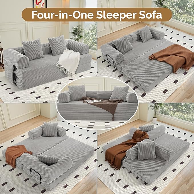 Convertible Coarser Corduroy Sleeper Sofa Bed with Cylindrical Pillow Folding Mattress Couch with Fixed-Shape Frame Floor Sofa Lounge Couch for Living Room Bedroom Lounge Studio Grey