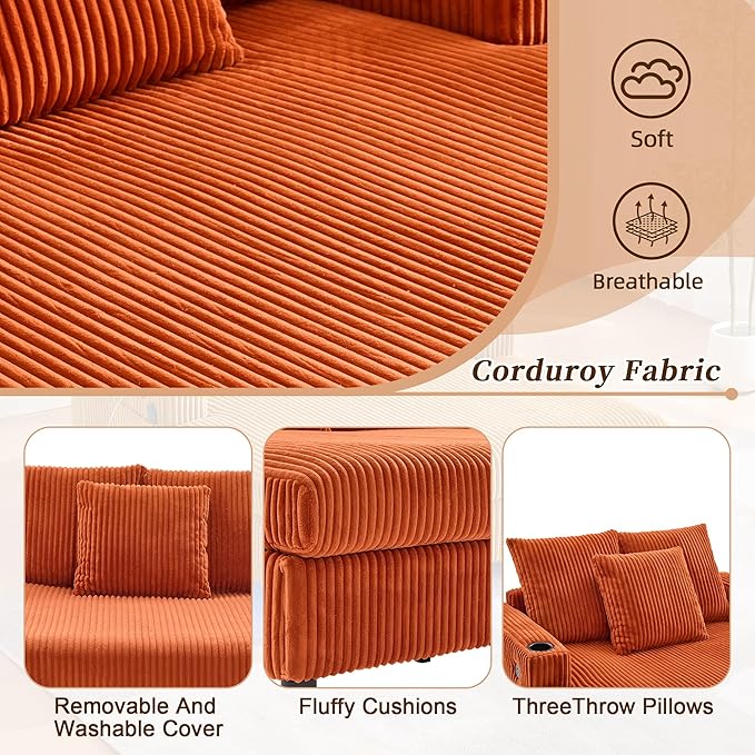 KEIKI 50 W Corduroy Oversized Recliner Single Sofa Couch with Deep Seat3 PillowsUSB ChargingCup Holder and Side Pocket Design