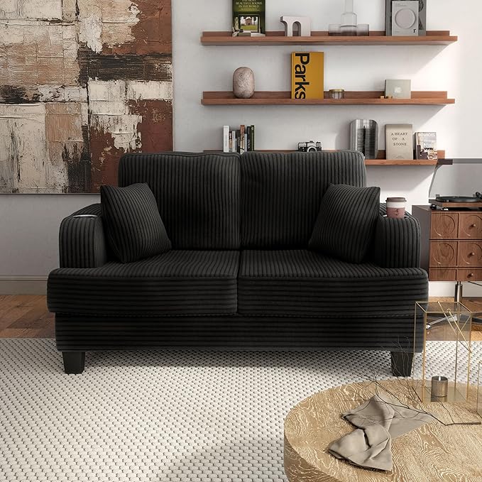 Homes: Inside + Out Reese Modern Plush Chenille Comfortable Loveseat with Side Pockets Cup Holders and Pillows Wooden Soft Couch for Living Room Bedroom and Office Black
