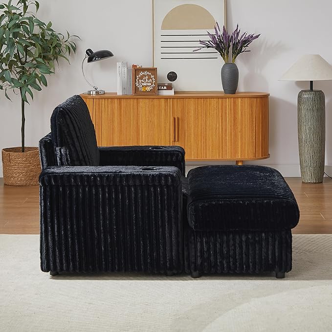 42.5 W Chaise Lounge Chair Indoor Oversized Corduroy Sleeper Chair with Wood Frame Upholstered Sofa Bed with Storage Ottoman &amp Armrest 2 Cupholders for Living Room Movie Room Bedroom