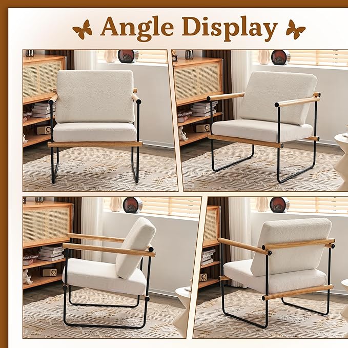 29in Boucle Fabric Accent Chair for Bedroom Modern Lounge Chair for Living Room Upholstered Reading Armchair with Metal and Wooden Arms (Natural x2)