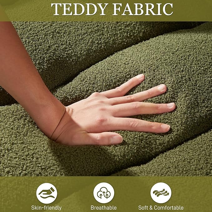 Teddy Cloud Sofa Couch Modern Deep Seat Boucle Single Sofa Chair Comfy Upholstered Sherpa Couch with Pillow Oversized Accent Armchair for Living Room Apartment Office Olive Green