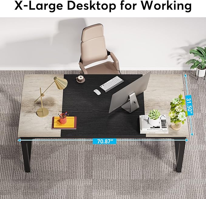 LITTLE TREE 70.8 Inch X-Large Executive Computer Office Desk Grey+Black