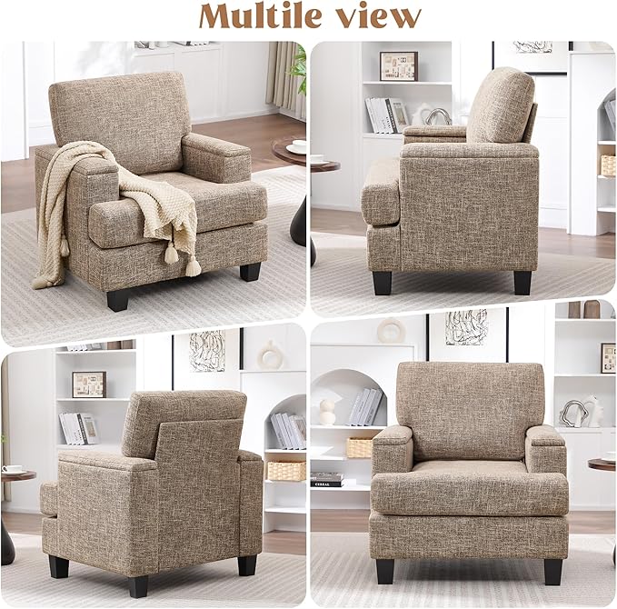 Accent Chairs Set of 2 with Armrest Storage Modern Upholstered Reading Living Room Chairs Comfy Large Armchairs Fabric Single Sofa Chair for Bedroom (Yellowish Brown)
