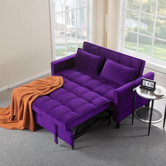 3 in 1 Convertible Sofa Bed Love Seat Sleeper Bed with Side Pockets Velvet Fabric Pull Out Couch with Adjustable Backrest for Living Room Bedroom Apartment Purple