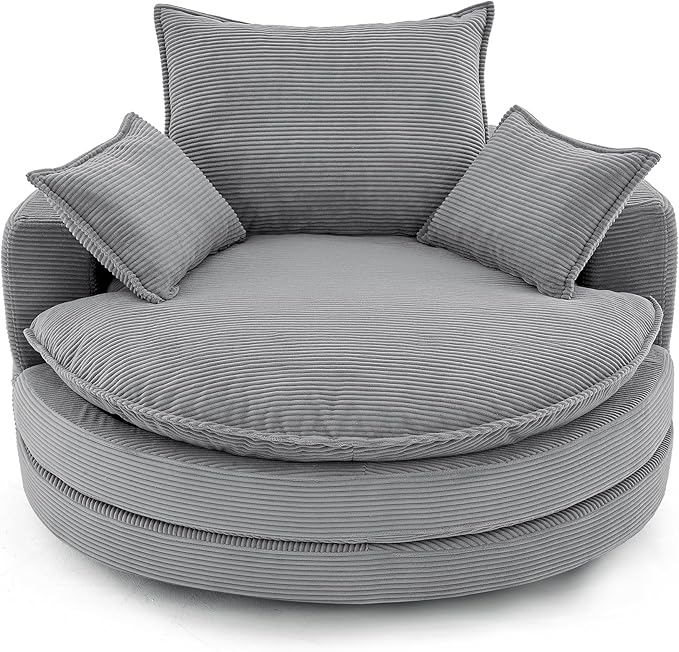 360° Swivel Sofa Chair with Dual-Layer Cushion Design 57.5 Swivel Round Accent Barrel Chair with 3 Removable Pillows for Living Room Office and Hotel (Gray//261)