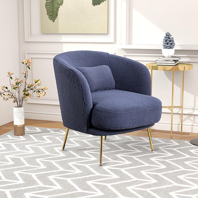 Generic 30.32 W Accent Chair Upholstered Curved Backrest Reading Chair Single Sofa Leisure Club Chair with Golden Adjustable Legs for Living Room Bedroom Dorm RoomNavy Boucle