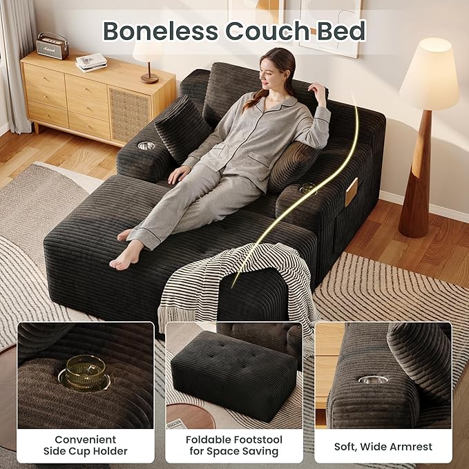 67 Oversized Chaise Lounge Sofa Indoor Sleeper Couch Chair with Cup Holders &amp Side Pocket | High-Density Memory Foam | Living Room Sofa Bed | Boneless Chaise | No Assembly (Black)