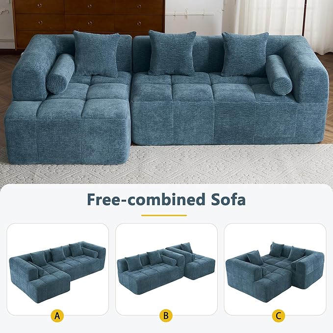 101.2 Sectional Sofa Full-Compressed Sofa Modular Sofa Couch Free-Combined with Deep Seating and Two Side Pockets for Living Room (Blue@90)