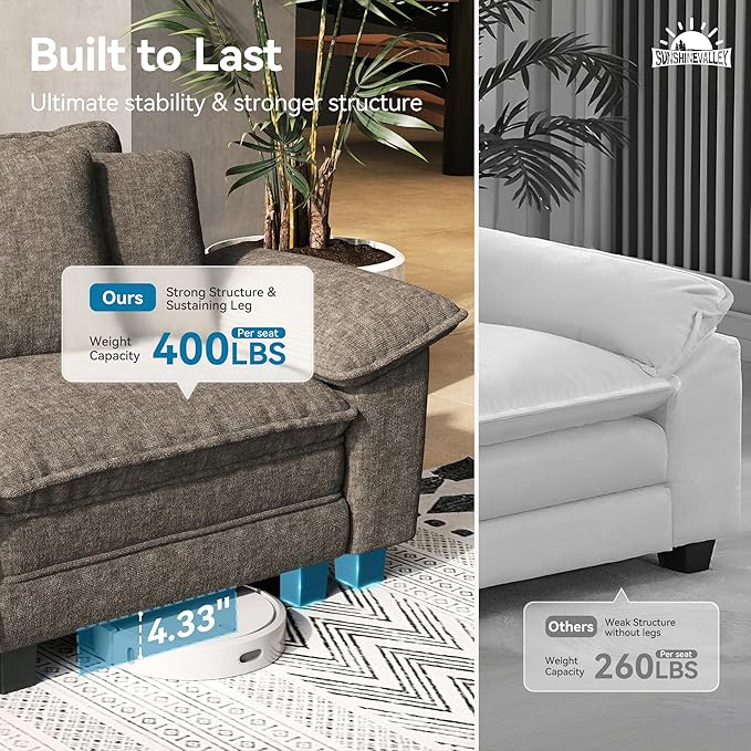 2 Piece Living Room Sofa Furniture Set Oversized Chenille Modular Loveseat and 3-Seat Couch with Pillow Modern 5-Seat Cloud Sectional Deep Seat for Apartment Smoky Grey