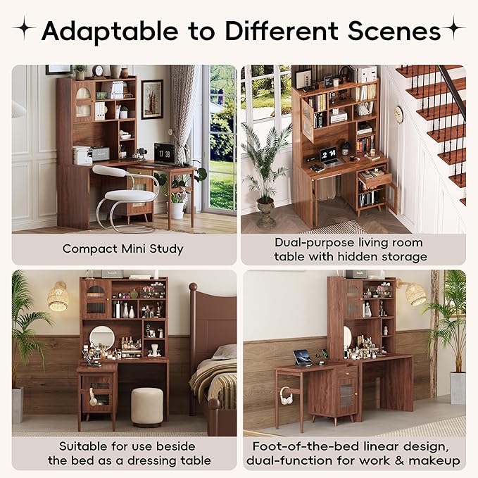 Computer Desk with 90 Degree Rotating Desktop and Bookshelf Office Desk with Drawer and Cabinets Gaming Desk with Shelves Writing Desk for Home Office Bedroom Living Room (Walnut-5.9)