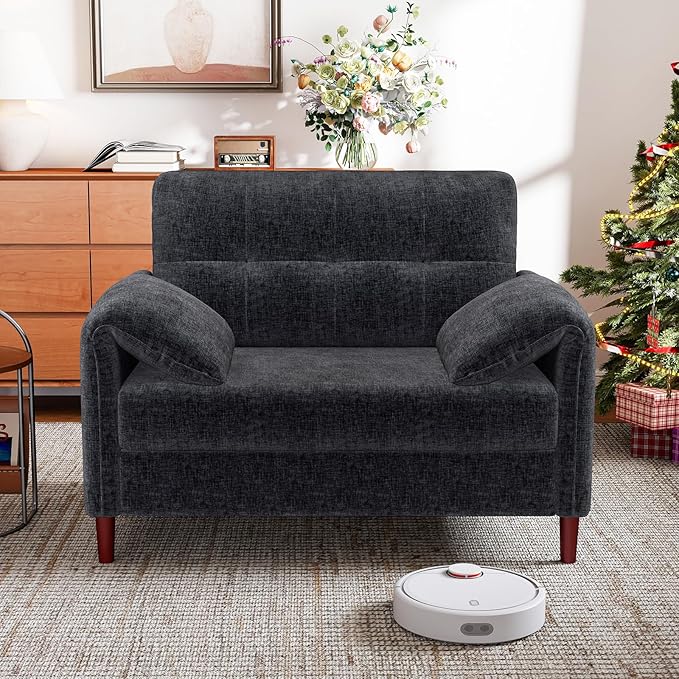 46 Oversized Accent Chairs Set of 2 with Padded Arms Comfy Chenille Fabric Living Room Bedroom Chairs Set of 2 Mid Century Modern Reading Chair with Pocket Spring Cushion (Dark Grey)
