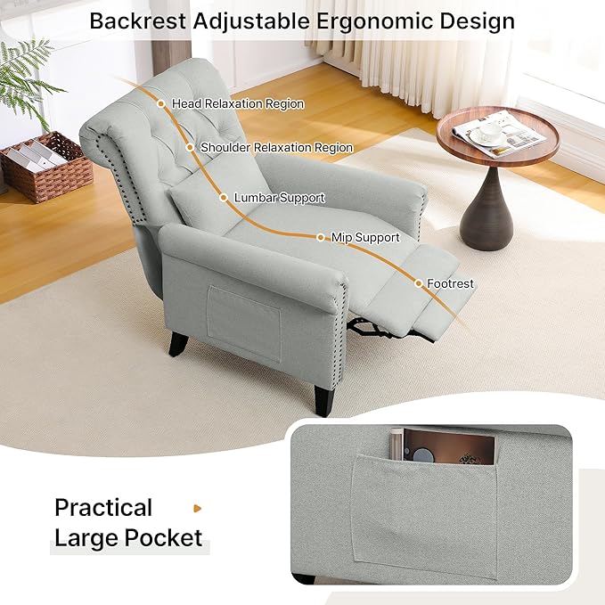 Pushback Recliner Chair Accent Push Back Chair Set of 2 with Adjustable Footrest Upholstered Linen Reclining Sofa with Side Pocket Comfy Modern Armchair for Living Room Light Grey