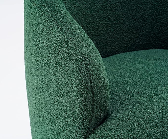 Swivel Accent Armchair Dark Green Teddy Upholstered Barrel Chair with Metal Ring Cozy Reading Chair for Living Room Bedroom Dorm