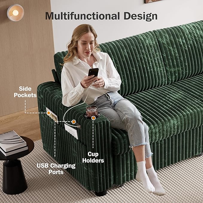 Sunny Heart 91 Plush Corduroy L Shaped Sectional Sleeper Sofa Bed with Pull Out Bed Reclining Backrest Reversible Storage Chaise USB Ports Cup Holders Tool Free AssemblyForest Green