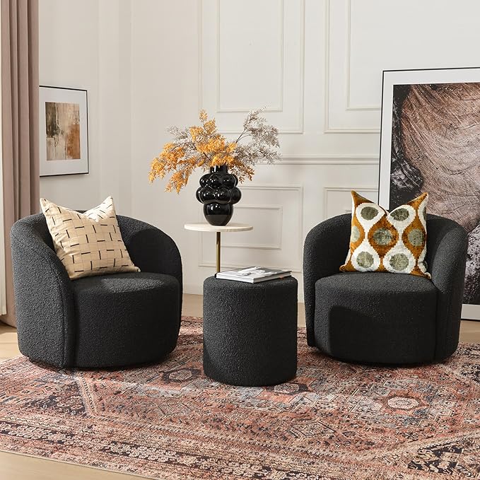 KINWELL 34 Boucle Swivel Barrel Chair with 18 Round Ottoman Set Fully Assembled Set of Sherpa Accent Chair and Footrest Modern Comfy Armchair and Footstool for Living Room and Bedroom Black