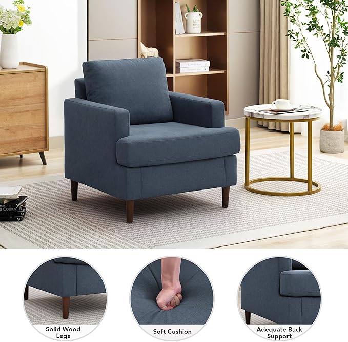 Mid-Century Accent Chair Comfy Upholstered Reading Accent Chairs for Bedroom Modern Linen Fabric Armchair for Living Room Single Sofa Chair with Wood Legs (Blue Grey 2 Pack)