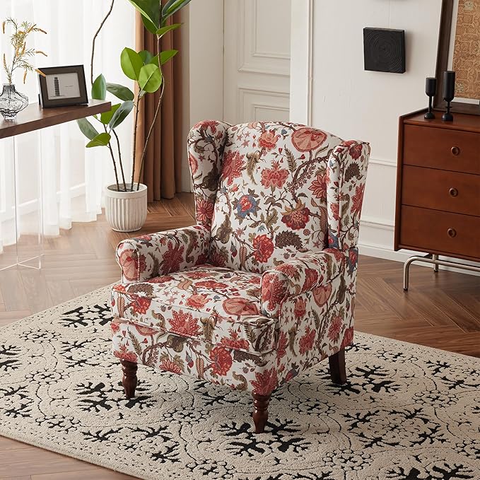 MELLCOM Floral Accent Chair High Back Upholstered Armchair with Solid Legs Leisure Single Sofa Chair for Living Room Bedroom Home Office Red Floral