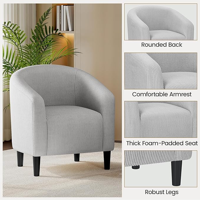 Yaheetech Accent Barrel Chair Corduroy Fabric Club Chair Furry Sherpa Elegant Armchair with Cozy Soft Padded for Living Room Bedroom Reception Room Office Light Gray