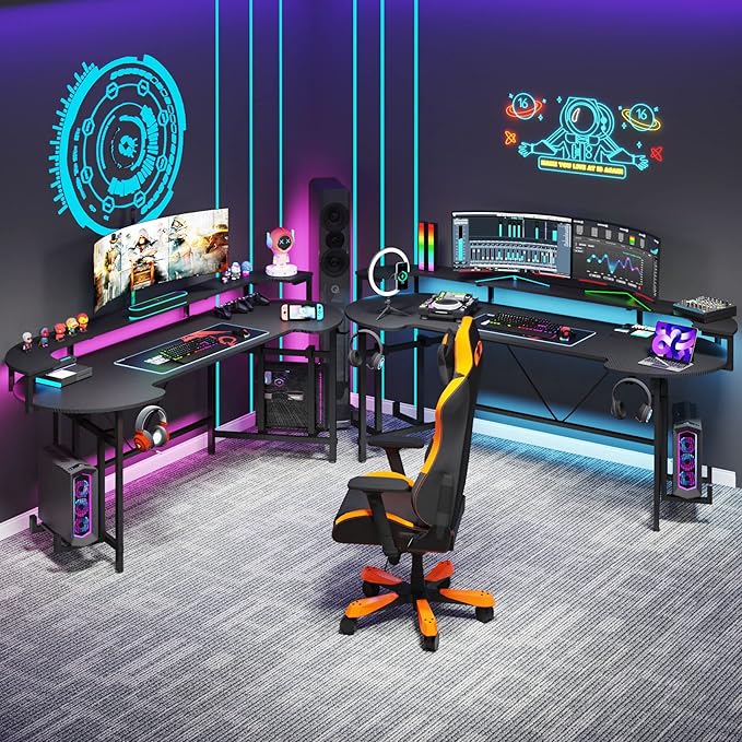 LITTLE TREE LED Gaming Desk with Monitor Shelf Carbon Fiber Surface Gaming Table Gamer Workstation for Home Office Black
