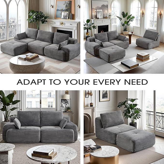 Round 113 L Shaped Sectional Couch Cloud Sofa with Ottoman for Living Room Corduroy Fabric Grey