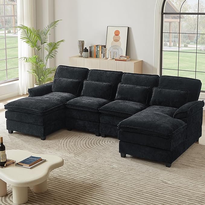 113 U Shaped Sectional Sofa Comfy Cloud Couch Chenille Sofa Sleeper Deep Seat Sofa with 4 Throw Pillows 4-Seater Double-Layer Modern Sofa for Living Room Black