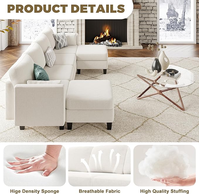 Modular Sectional Sofa Comfy Cloud Couch Sectionals Convertible Modular Couch with High Density Memory Foam 6 Seat U Shaped Sectional Couches for Living Room Washable Cover Beige | Comfortable C