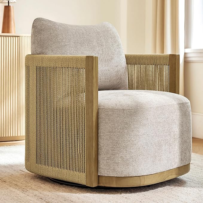 CHITA Braid Swivel Accent Chairs Modern Comfy FSC Certified Armchair with Paper Cord &amp Wood Frame for Living Room and Bedroom Fully Assembled - Mink